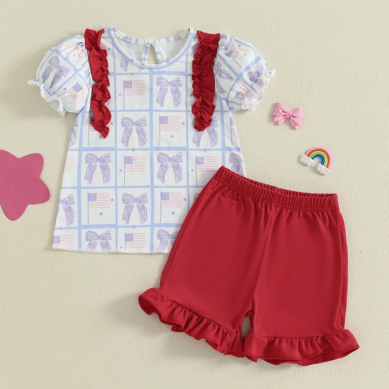 Cute Baby Girl Independence Day Outfit Top senza maniche con volant con stampa bandiera americana e pantaloncini di jeans Set da 2 pezzi per la festa estiva