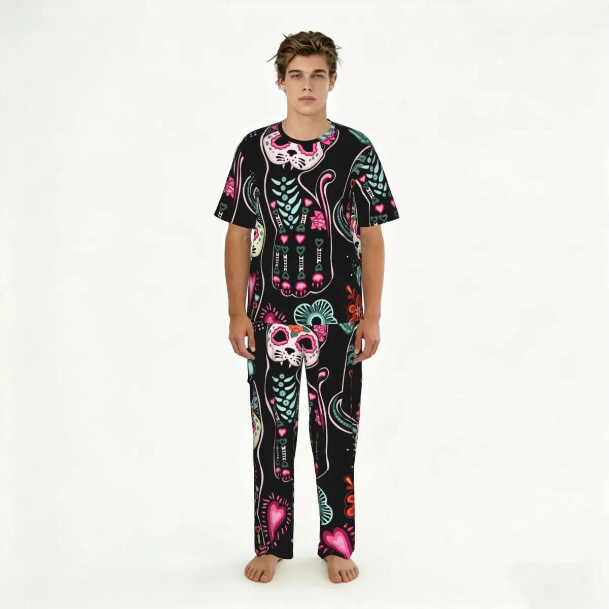 

Men's Casual Pajamas Sets Short Sleeve and Pants Sets Male Sleepwear Day Of The Dead And Halloween Cats Home Clothes
