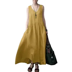 2024 Summer New Cotton Linen Dress Loose Women's Fashion Comfortable Sleeveless Solid Color Vest Dress Retro Temperament