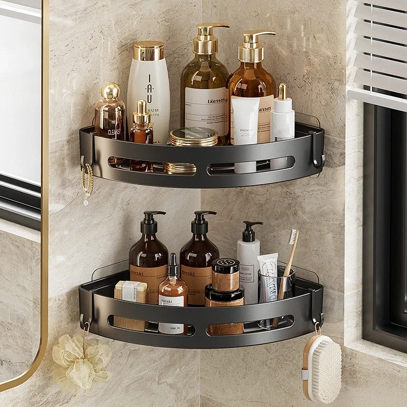 Black Bathroom Shelf Corner Space ABS Plastic Bathroom Triangle Basket Shower Room Storage Rack No Drill Wall Mounted