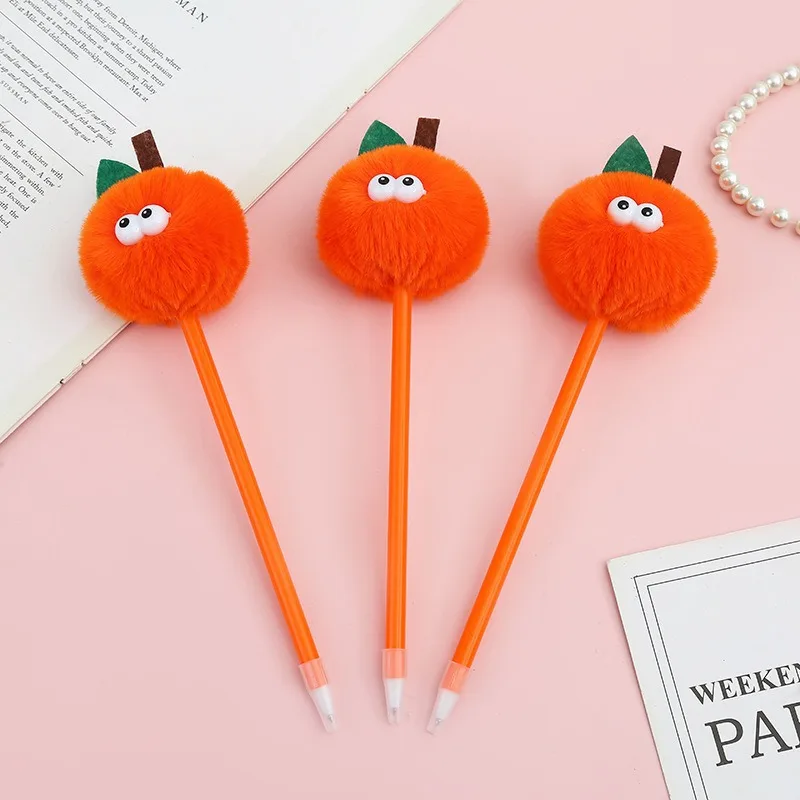 1pc Cute Orange Pompom Ballpoint Pen Smooth Ink Flow Writing Tool School Office Decorative Novelty Stationery