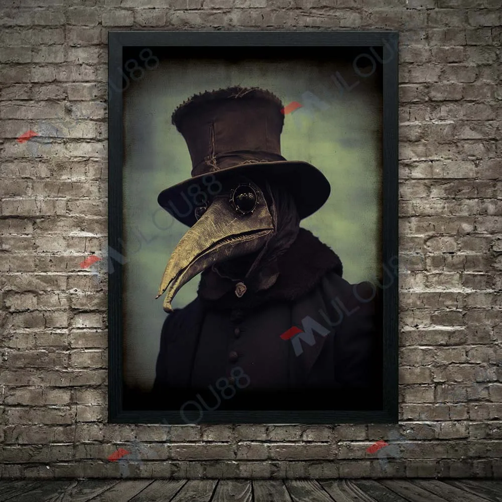 Plague Doctor Vintage Photography Wall Art Canvas Painting,Mysterious Man Wearing Beak Mask Horror Art Poster Print Home Decor