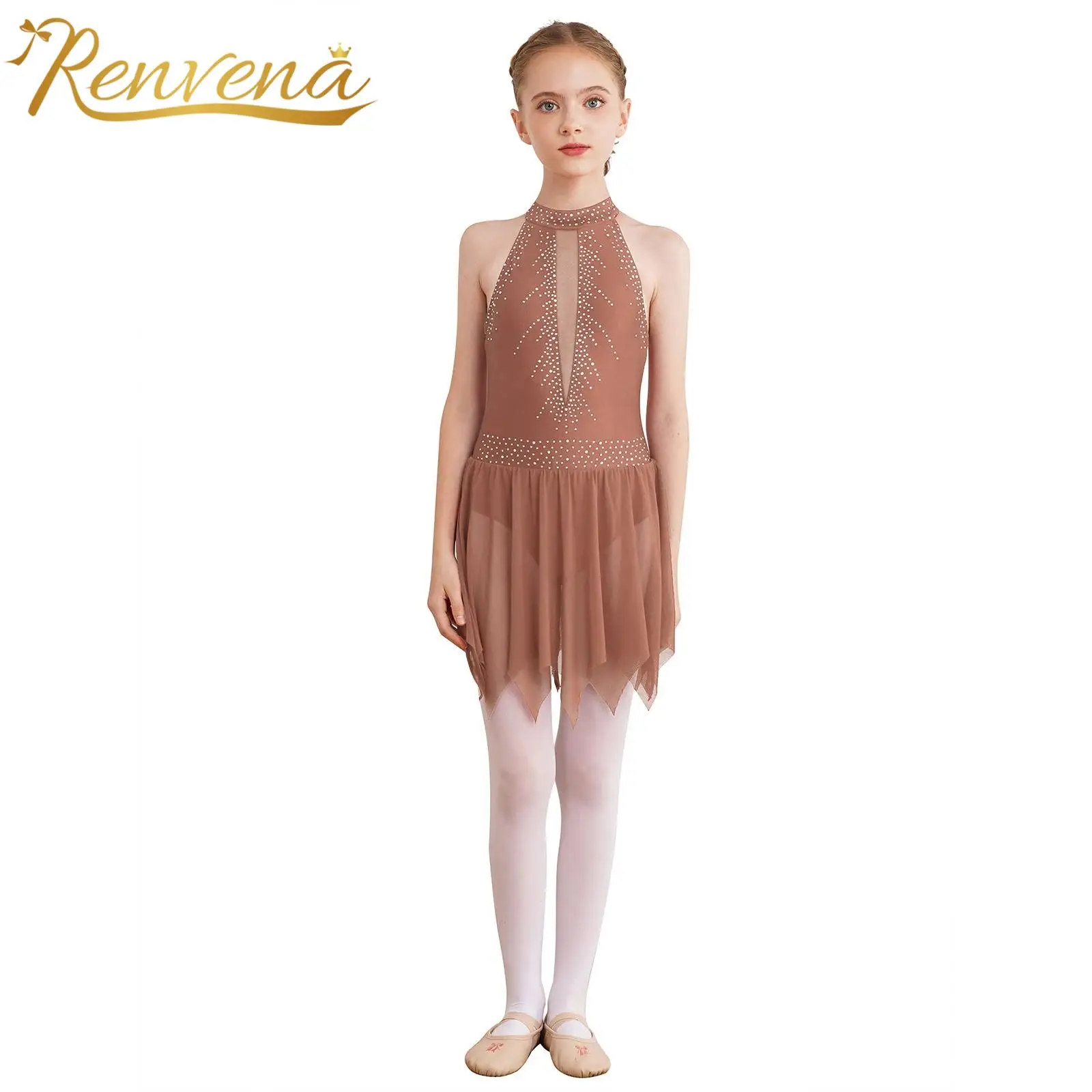 Kids Girls Figure Ice Skating Dress Mesh Lyrical Dance Costume Children Ballet Gymnastics Leotard Dress Performance Costume