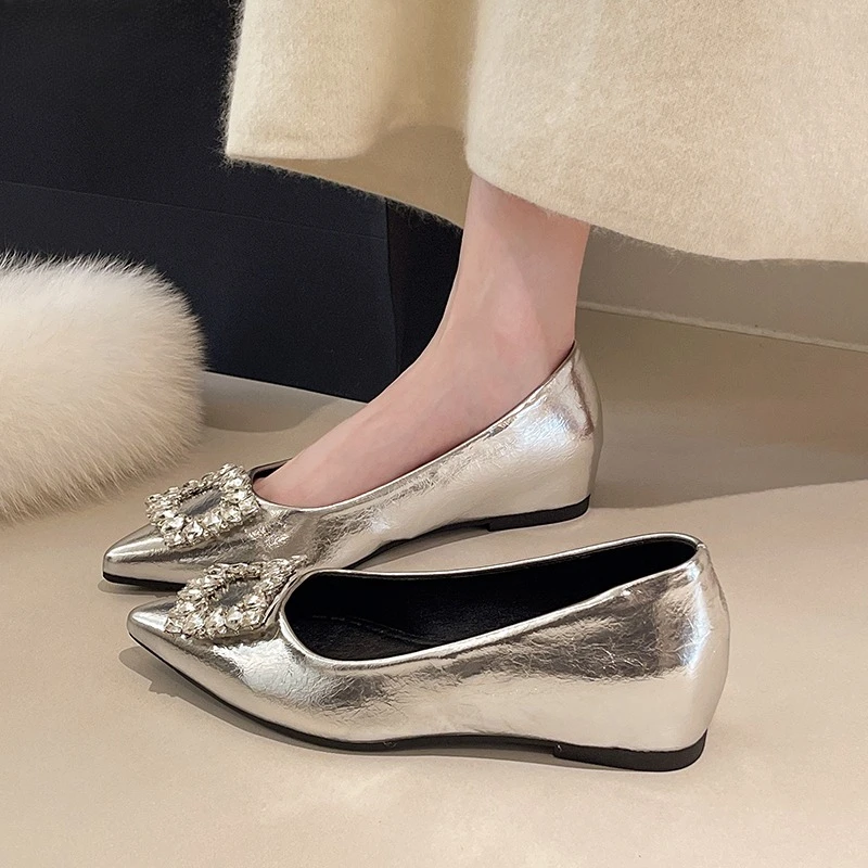 Silver Inside Heightened Single Shoes Women's 2025 New Autumn Pointed Toe Rhinestone Mary Jane Shoes Slip on Shallow Mouth