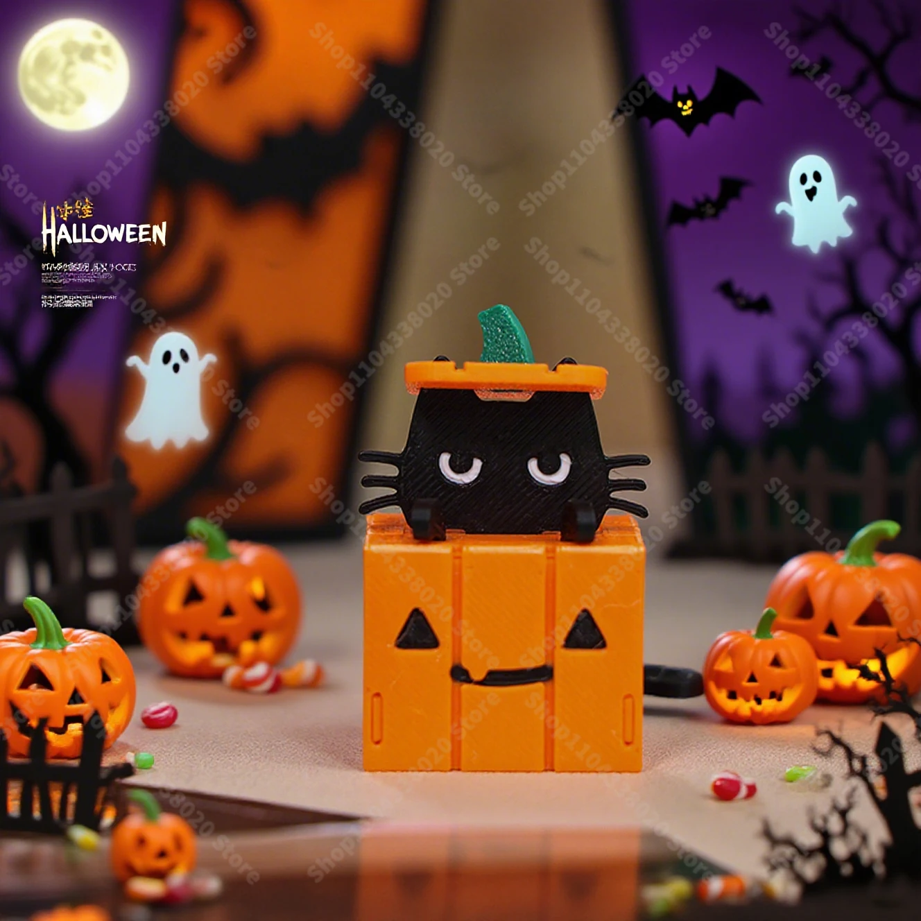 لغز القط اليقطين DIY للهالوين - لعبة تجميع ثلاثية الأبعاد مقاس 5 سم مع قطة سوداء وفانوس برتقالي، ديكور سطح المكتب 4 × 4 سم
