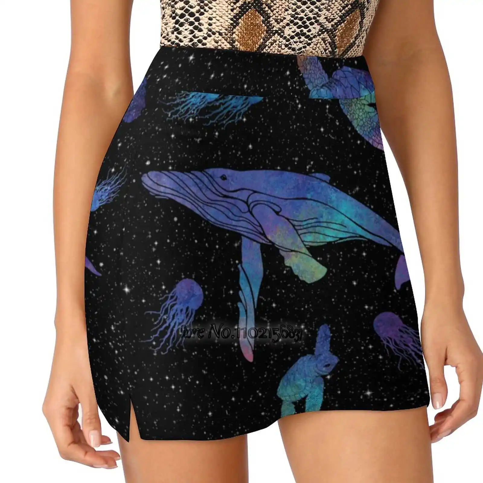 

Space Sea Creatures Fake Two-Piece Hakama Skirt Women Pencil Skirts Workout Sports Mini Skirt Whale Sea Ocean Waves Wave Water