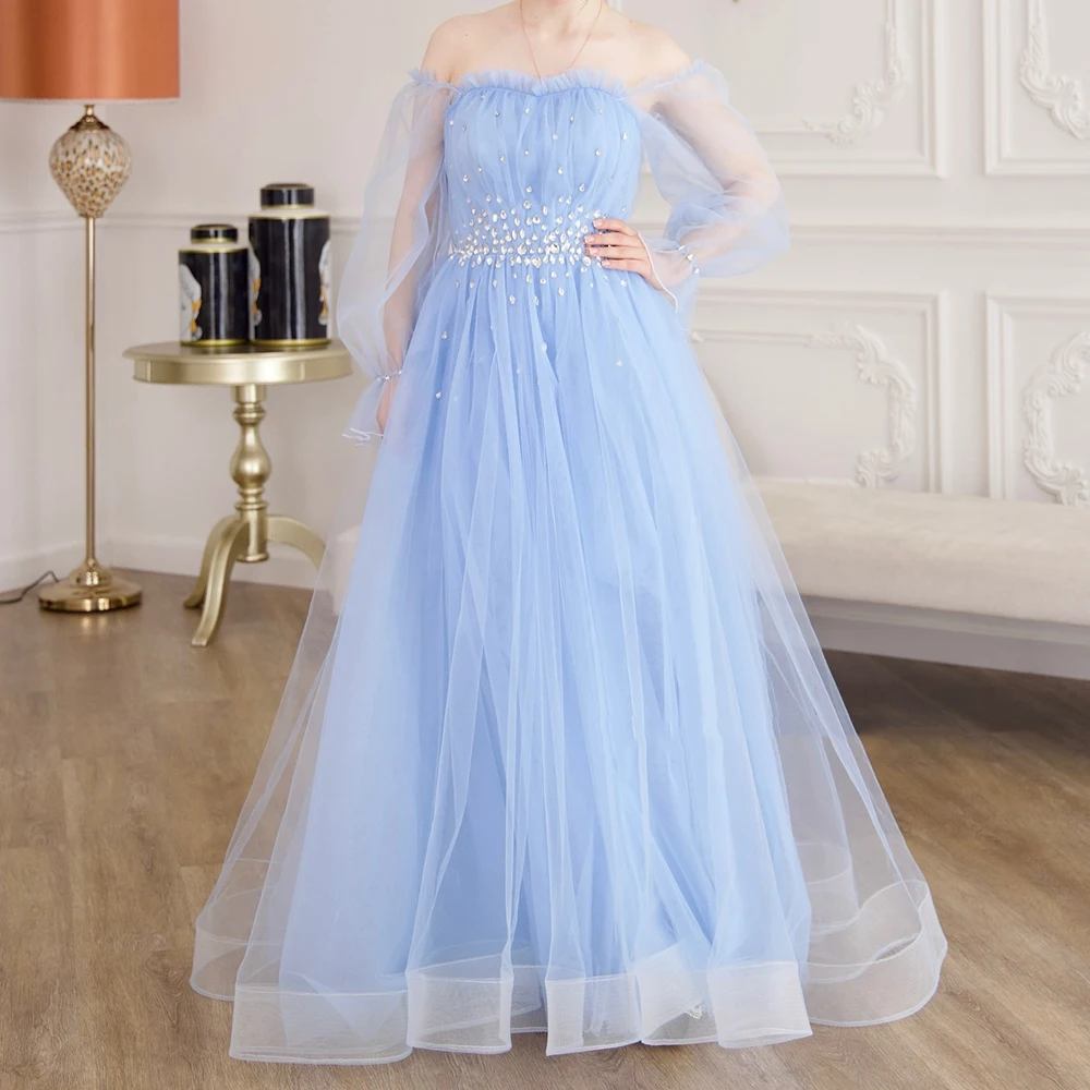 

Customized A-line Evening Dresses Floor-length Off The Shoulder Full Sleeve Prom Gown Fashion Crystal Draped Backless Party Gown