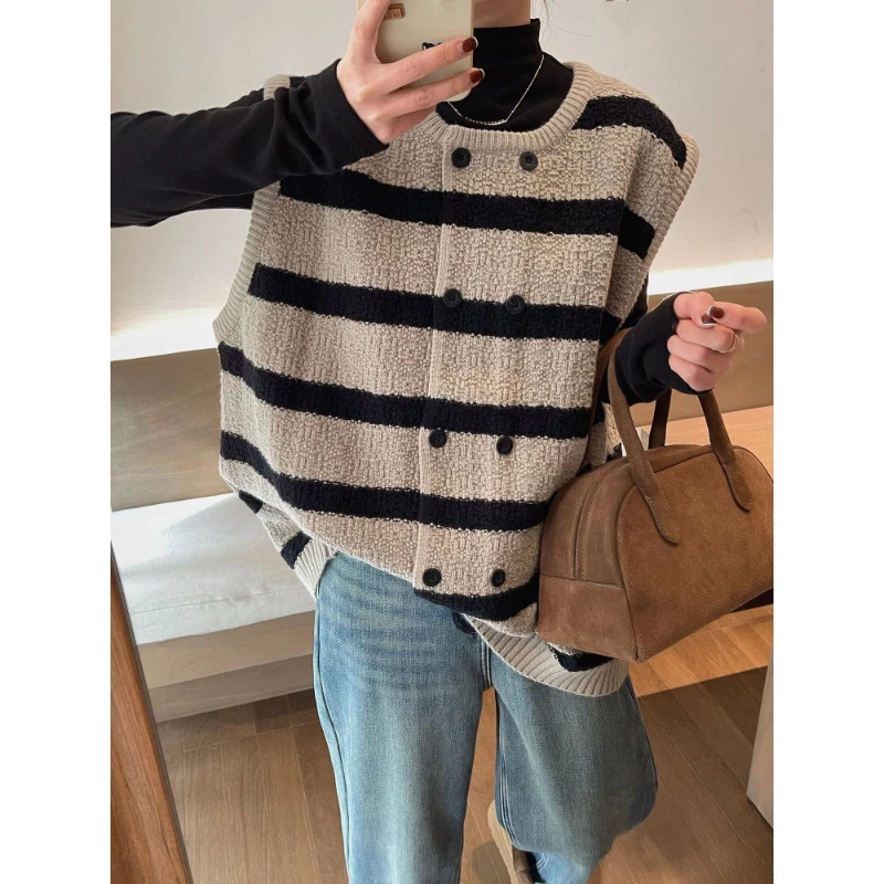 Women's 2026 Autumn Striped Knit Cardigan Vest Loose Layering Sleeveless Tank Top Elegant Chic Coquette Trendy  Knit Vest