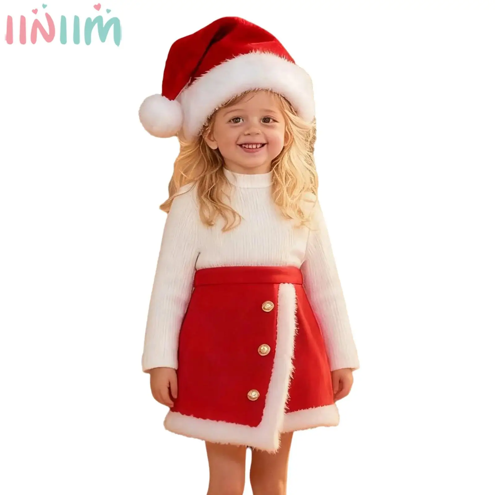

Baby Girls Christmas Santa Claus Cosplay Costume Long Sleeve Ribbed Top with Skirt Xmas Hat for New Year Party Carnival Holiday