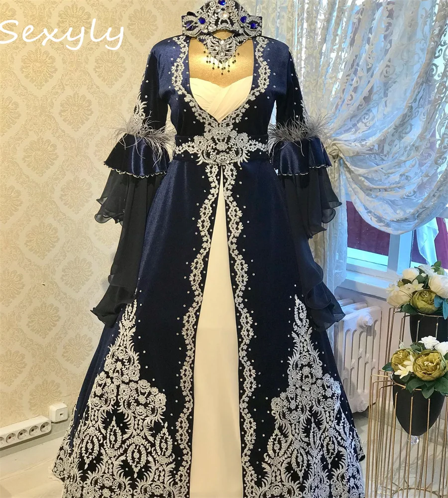 Victorian Navy Blue Morocco Kaftan Wedding Dress Long Sleeve Lace Velvet Bridal Gowns Feather Beaded Turkish Bride Customized