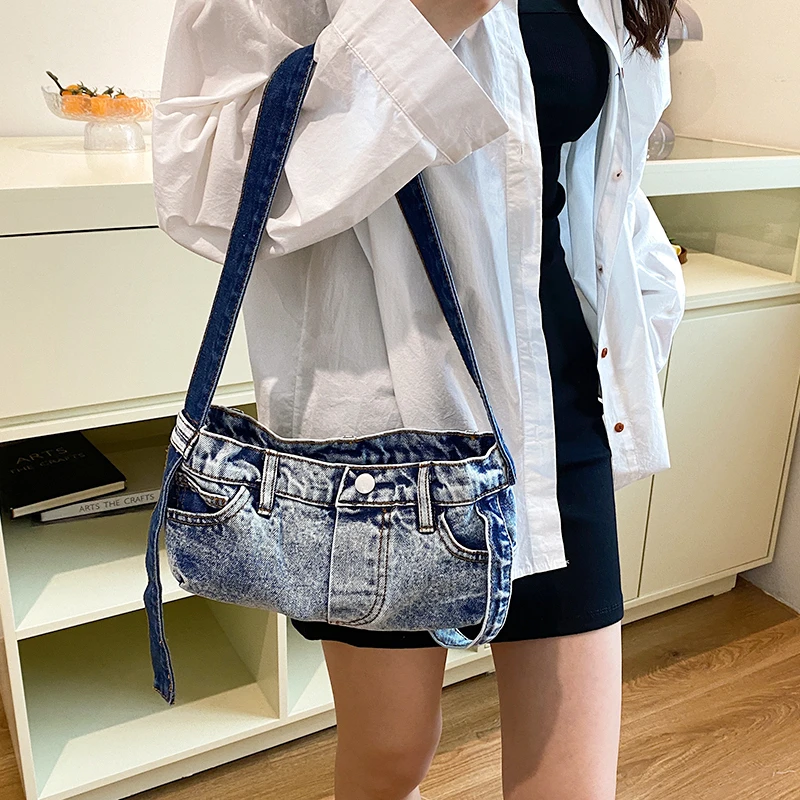 Cowboy Underarm Bag Women\'s Retro Denim 2024 Summer New Style Trendy Sea Blue Patchwork Fashion Handheld Shoulder Bag