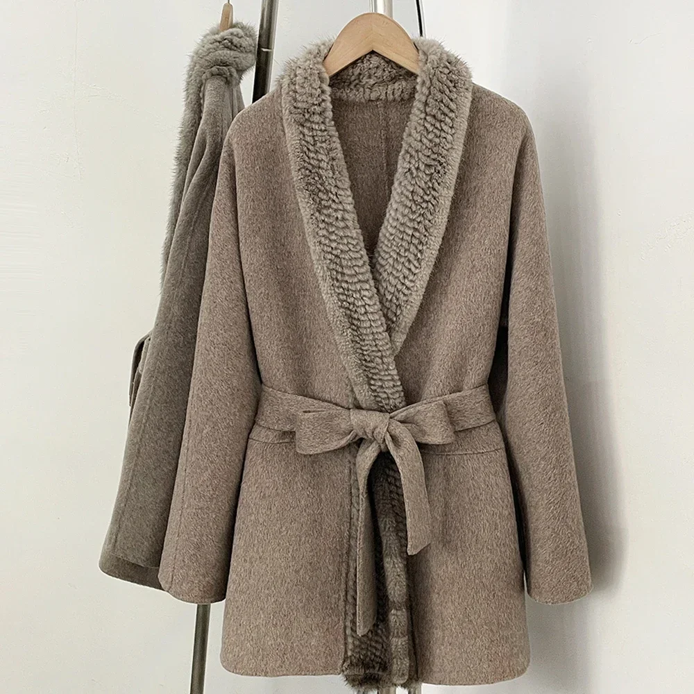 Women's Elegant Fur Collar Wool Coat Classic Fur Coat with Fur Collar Tie Waist Luxurious Touch Wool Blend Coat for Office Wear
