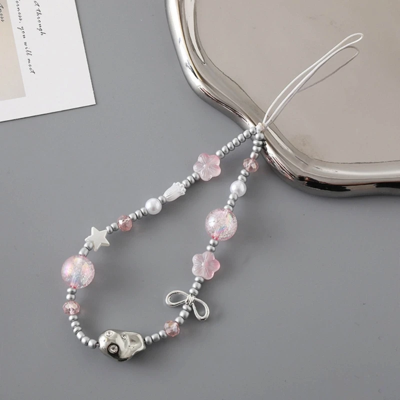 Handmade Heart Phone Lanyard for Sweet Girls Fashion Bowknot Beaded Mobile Phone Straps Cellphone Chain Keychain Pendant