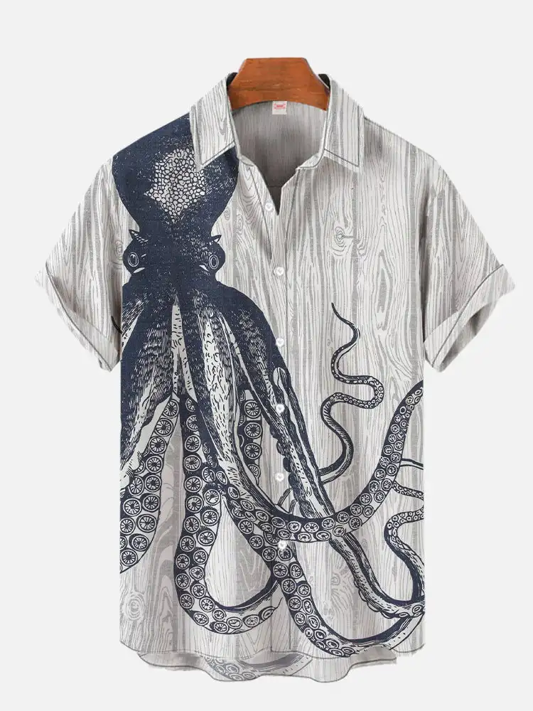 Men's Summer Octopus Printed Shirt Hawaii Short sleeved Beach Shirt Marine Animal Comic Pattern Button Collar Large Size Shirt