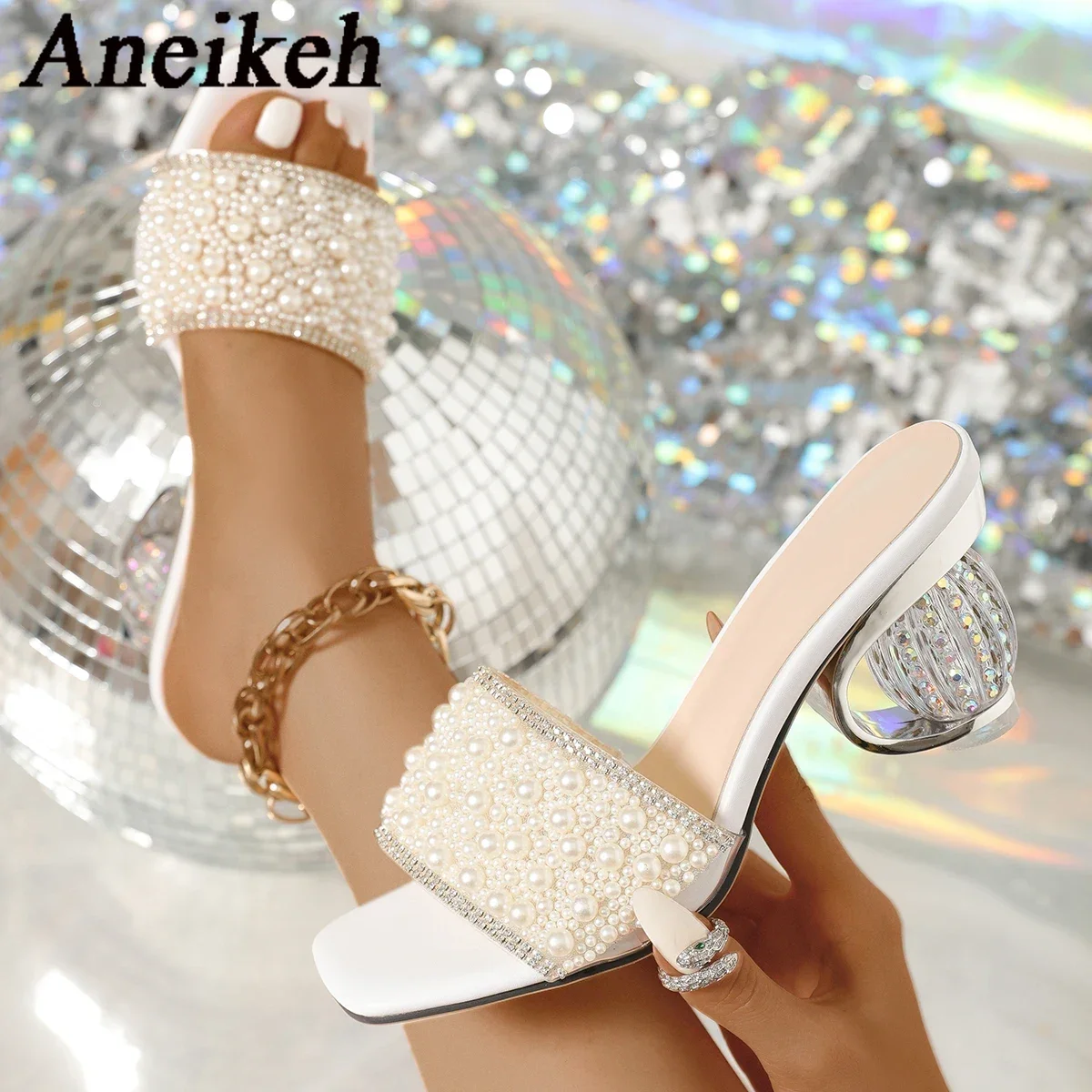 Aneikeh White Pearl Shiny Sandals Slippers Women Transparent Thick Bottom Party Dress Mules High Heels 2025 Summer heeled Beach