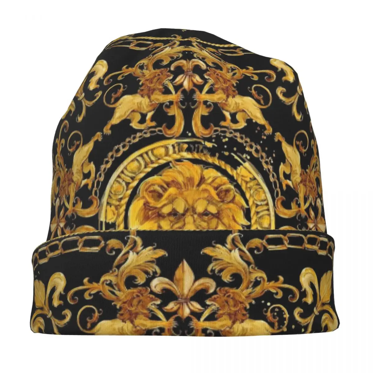 Golden Lion Luxury Design European Baroque Skullies Beanies Hat Spring Unisex Street Cap Warm Dual-use Bonnet Knitting Hats