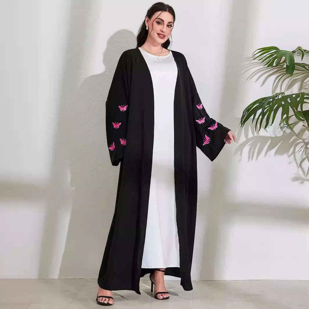 

2024 Butterfly Open Abayas for Women Muslim Islamic Prayer Clothes Long Sleeve Butterfly Embroidery Dress Dubai Robe