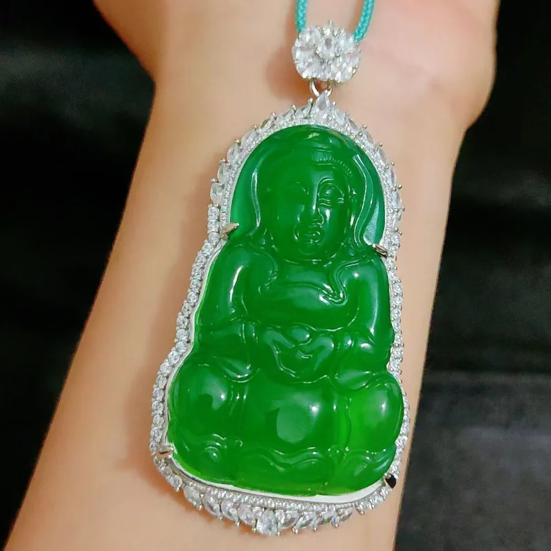 

Natural Ice King Green Inlaid Chalcedony Avalokitesvara Pendant Emerald Agate Male Jade Pendant