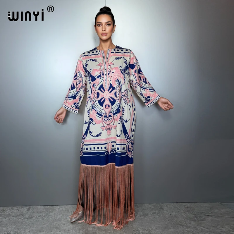 WINYI muslim woman tassels dresses boho print kaftan party Dress Middle East Female loose holiday abaya dubai luxury Caftan