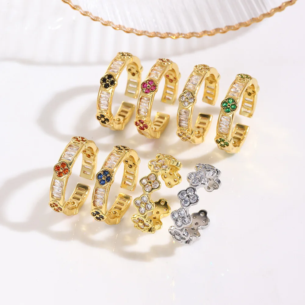 

4 copper temperament light luxury color zirconium four-leaf clover open ring fashionable and exquisite women's daily wear
