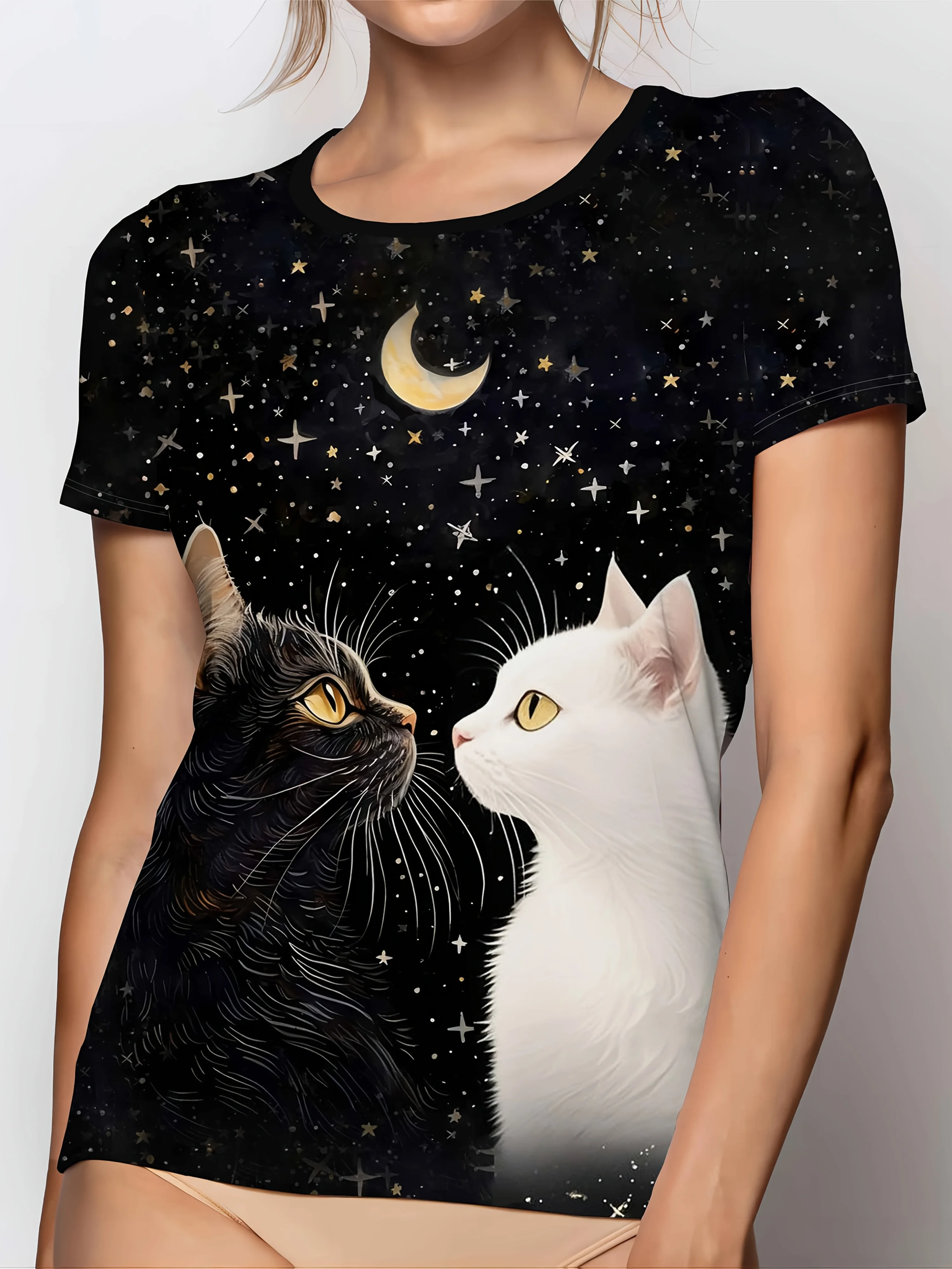 Women's Casual Polyester Crew Neck Short Sleeves with Cute Cat Pattern, Sports T-shirt, Animal Pattern, Starry Night Design