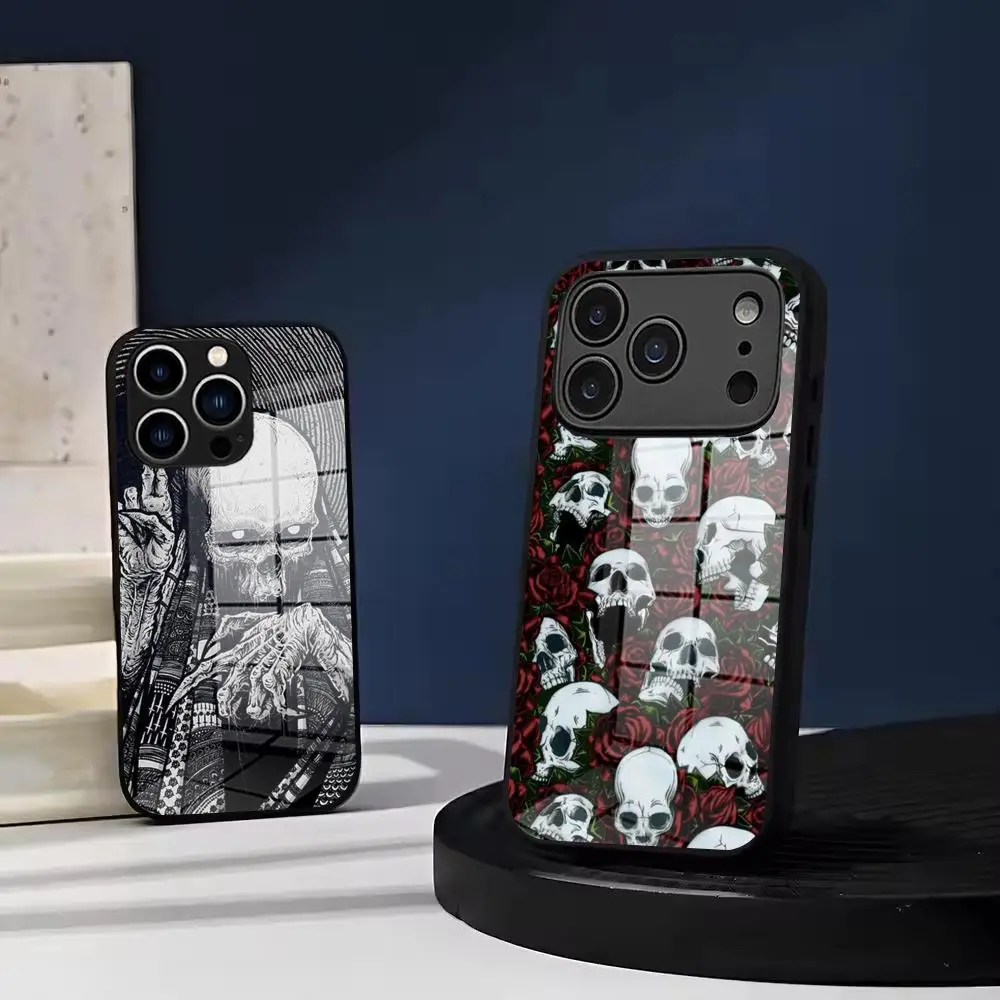 Gothic Fashion Skull Phone Case Tempered Glass For IPhone 17 Air 16 15 Pro Max 14 13 12 Plus Samsung S26 S25 Ultra phone case