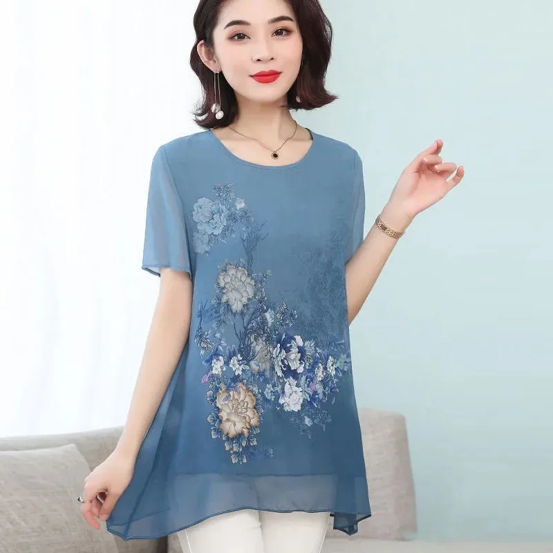 Women\'s Clothing 2022 New Summer Female Jacket Printing Chiffon Miss Shirt Short Sleeve T-Shirt  Mother Medium Long Top