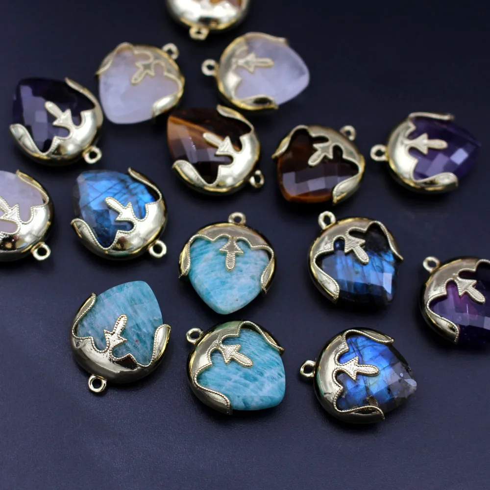 6pcs DIY Findings Faceted Heart Natural Quartz Blue Labradorite Amazonite Stone Pendant Charms for Women Chain Necklace Making