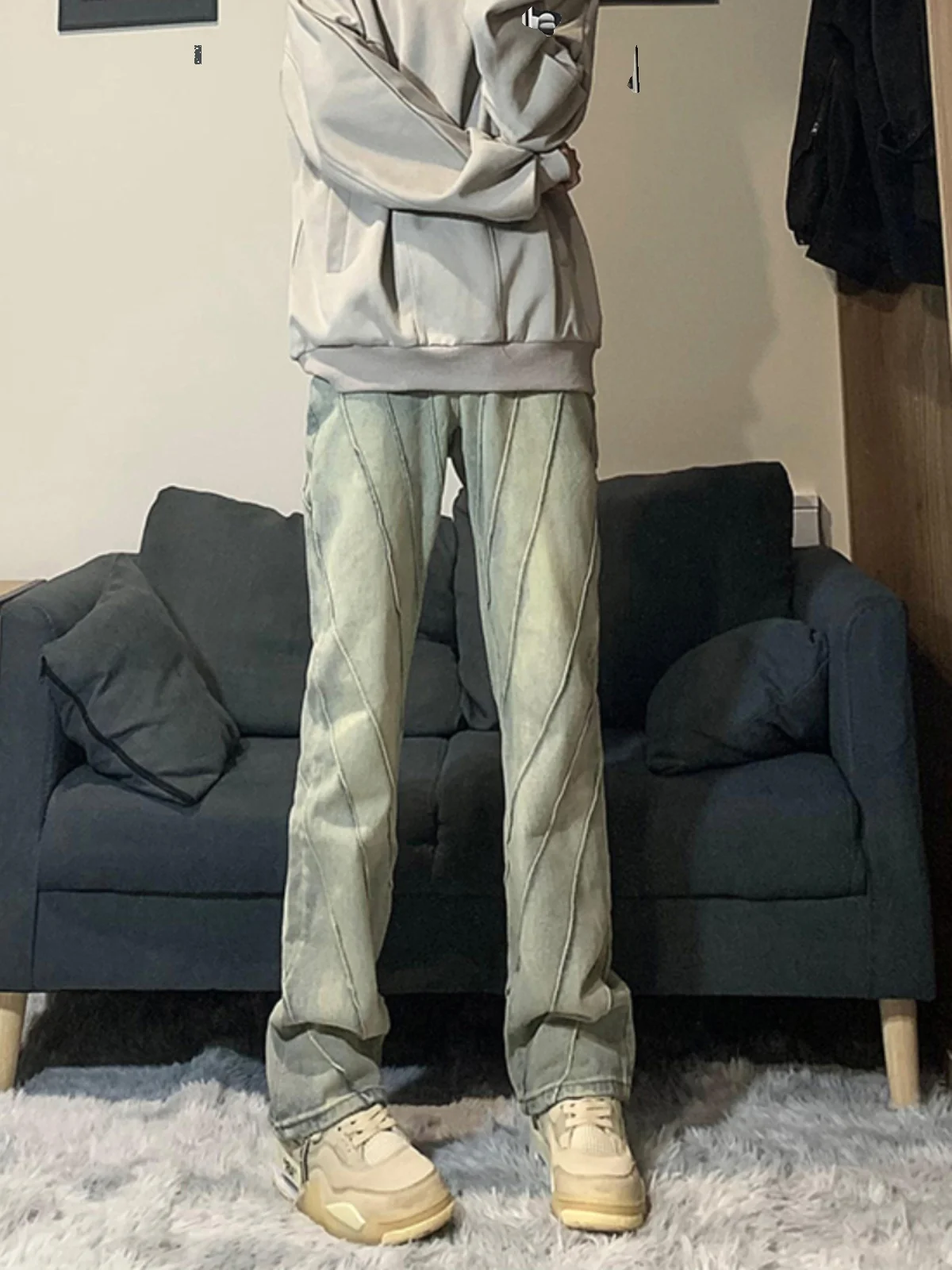 Autumn Winter Men's Yellow Mud Color Jeans Straight Leg Retro Waed Design Sense Jeans Cotton Polyester Blend Elastici