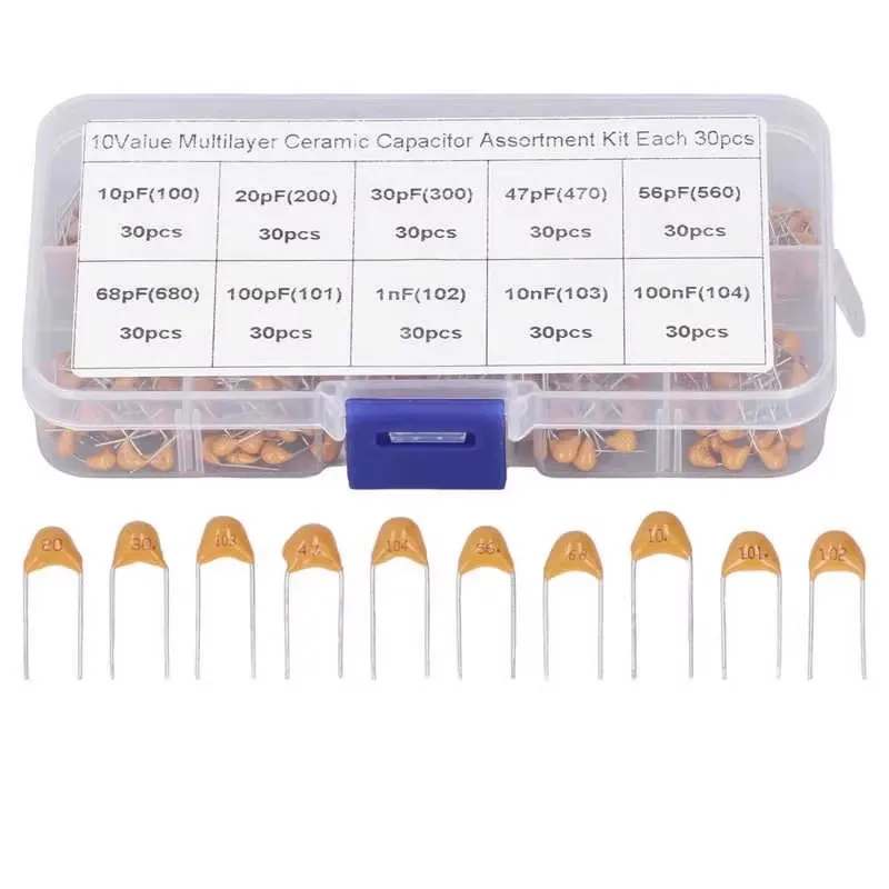 300pcs 10value 50v 10pf 20pf 30pf 47pf 56pf 68pf 100pf 1nf 10nf 100nf Monolithic Ceramic Capacitor Assortment Kit