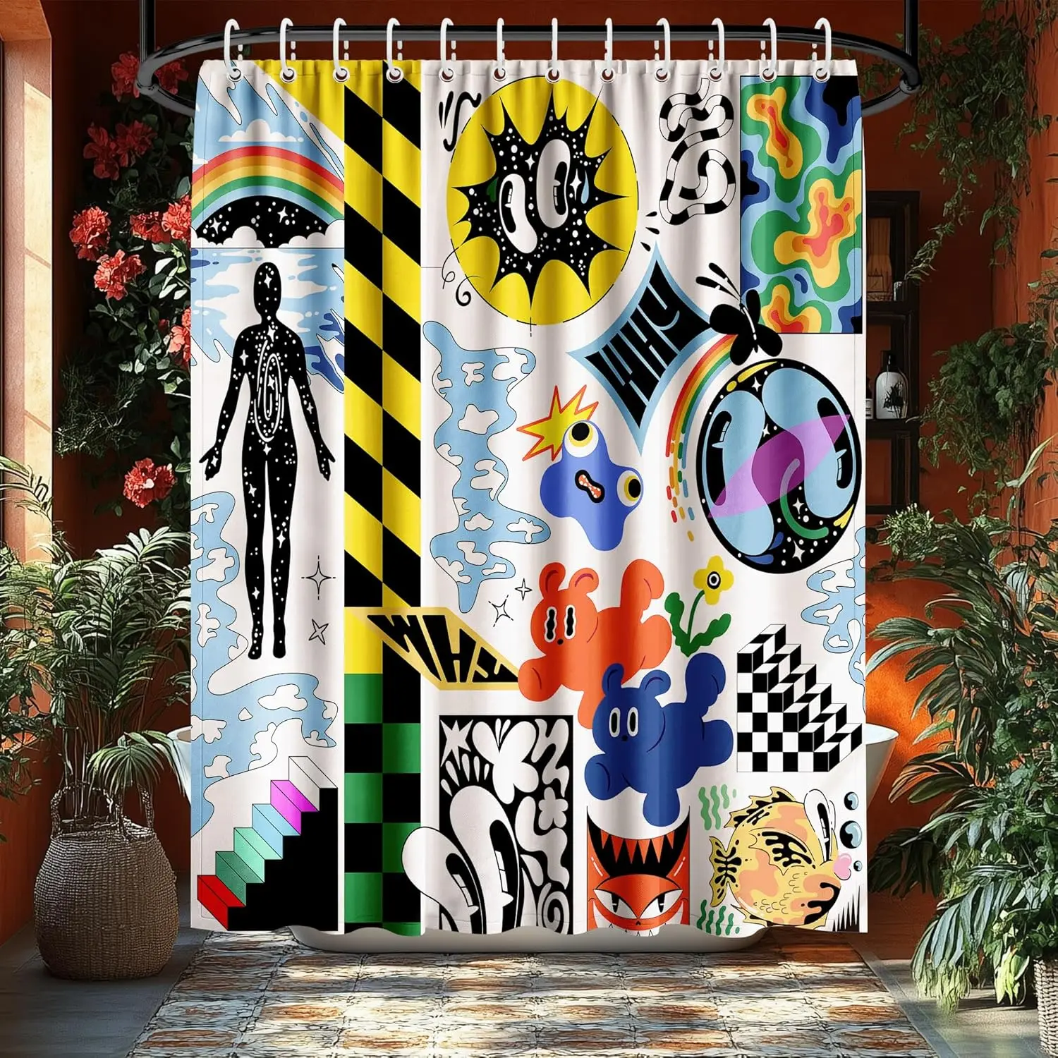 Pop Art Trippy Shower Curtain with Hooks,Colorful Abstract Cartoon Collage Bathroom Decor,Waterproof Durable Polyester Fabric