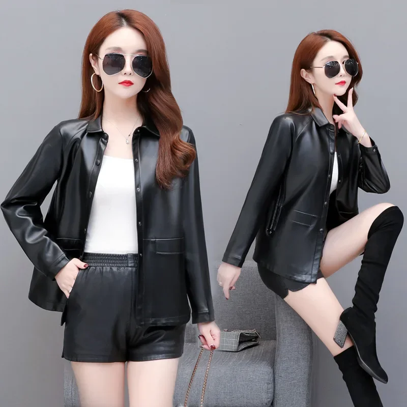 Leather Jacket Women 2023 Spring Autumn Single-breasted Slim Coats Female Elegant Leather Jackets Lapel Chamarras Para Mujeres