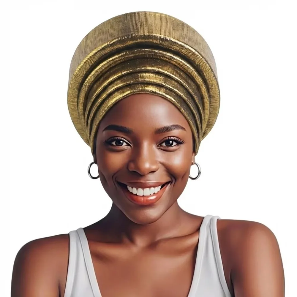 Trendy Shiny Pleated African Headtie Turban Multi-layer Sponge African Headwrap Headgear Headscarf Hat