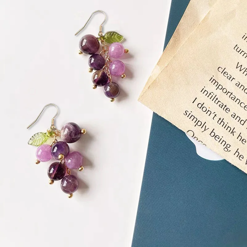 Fashion Purple Grape Bunches Beads Drop Earring for Women Girl Sweet Trendy Simulation Fruit Earrings Pendant Leaf Party Jewelry