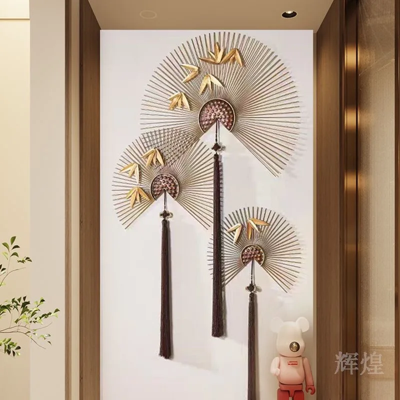 New Chinese style wall decoration restaurant background wall decoration creative fan-shaped living room iron decoration pendant