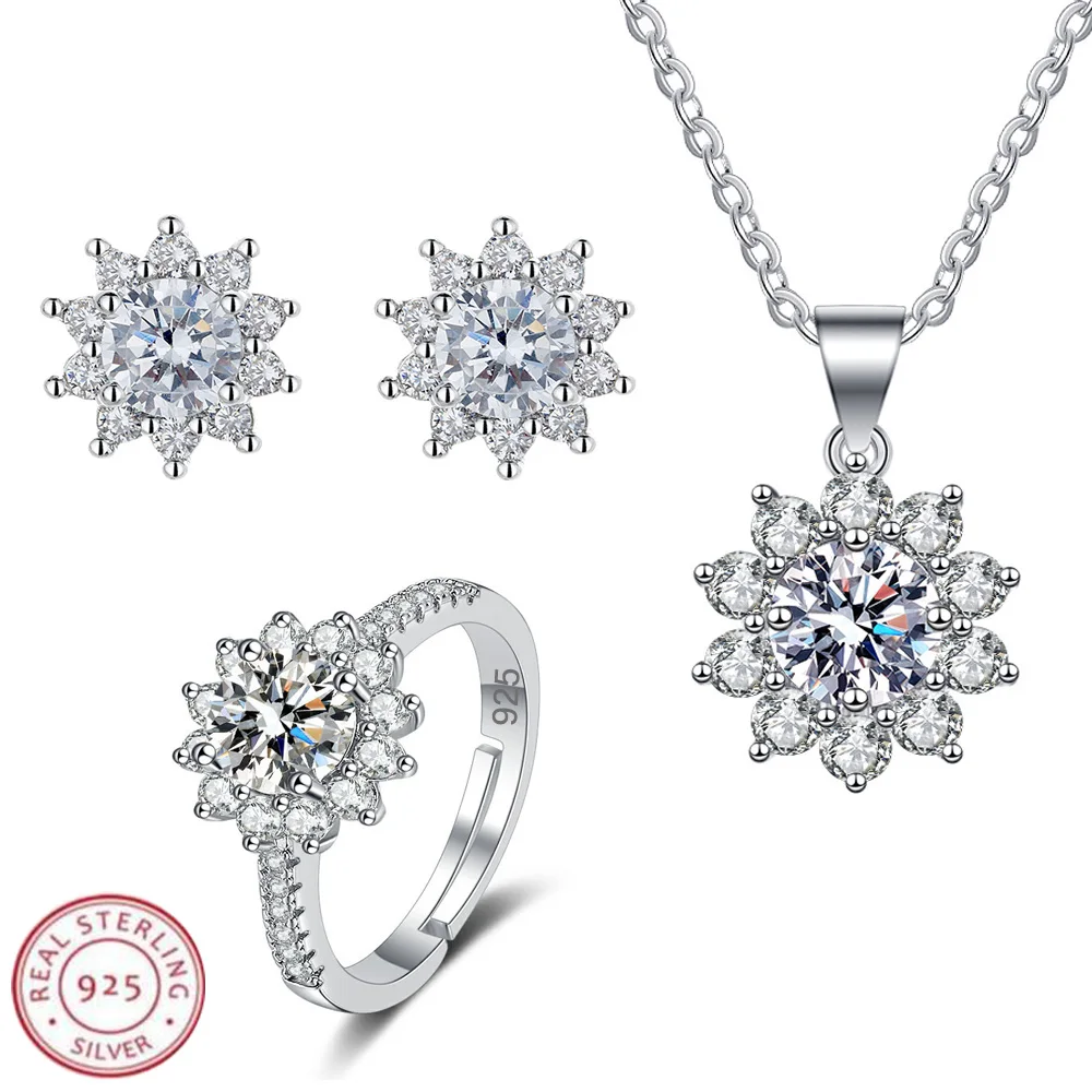 

New 925 Sterling Silver Set High Quality Necklace Earring Ring Chain Fashion Jewelry For Women Wedding Birthday Gift