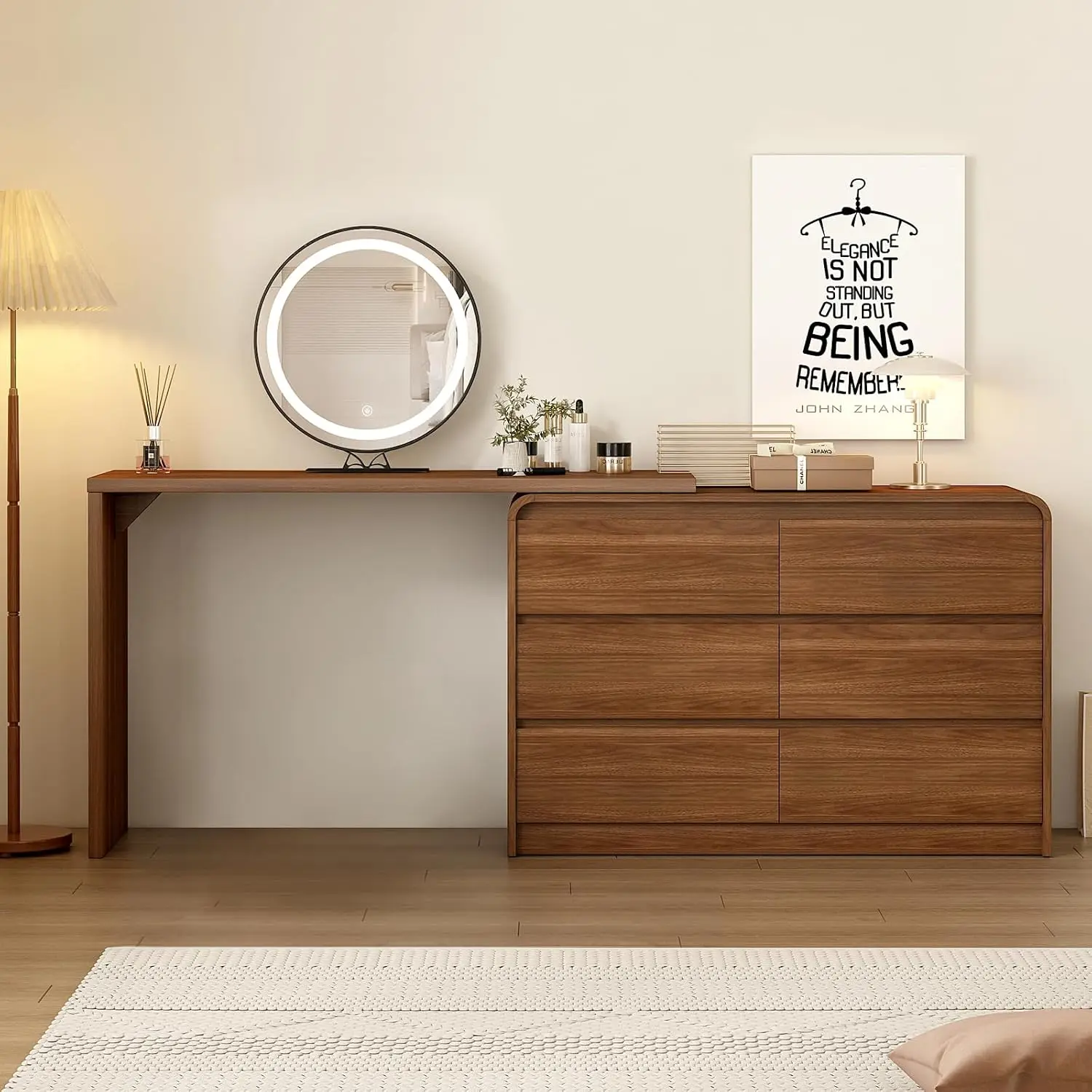 Makeup Vanity Desk with Mirror and Lights, 50-90inch Extendable Mid Century Walnut Makeup Dresser Combo with 47, Customized