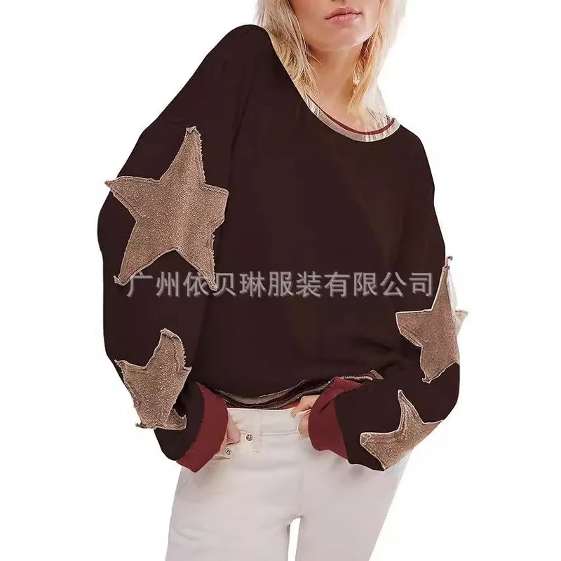 

2024 Women Oversized Star Pattern Sweatshirt Crew Neck Pullover, Off-the-shoulder Long Sleeve Loose Casual Vintage Sweater Top