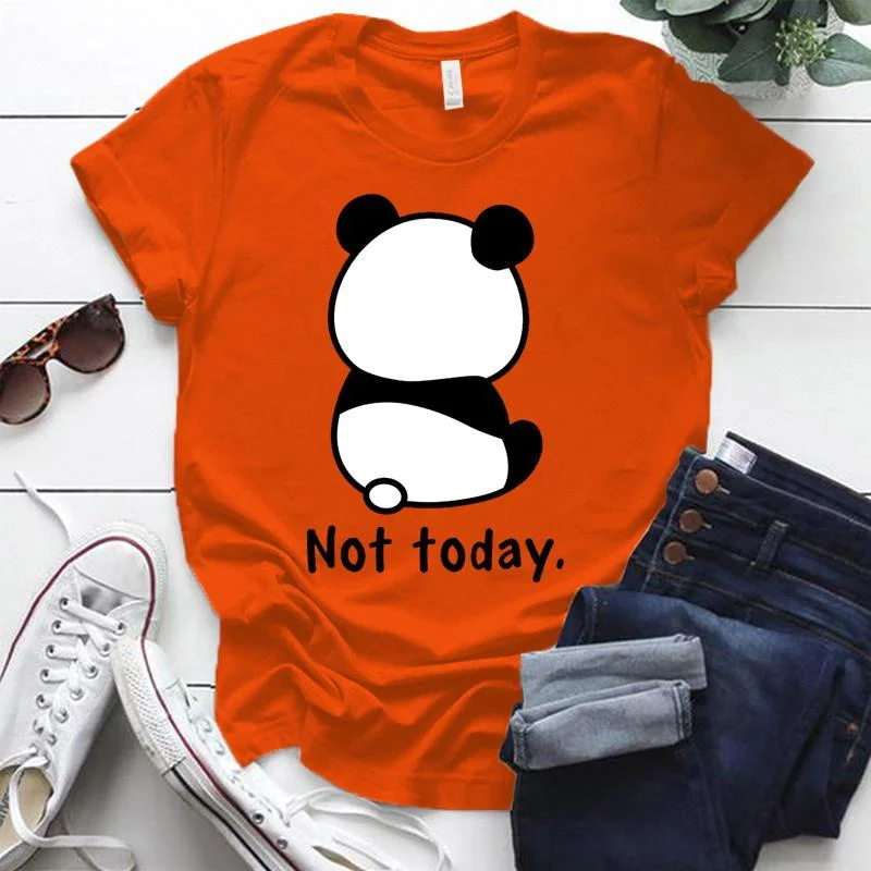 Cute Panda Not Today Printed T-Shirts For Women Short Sleeve Funny Round Neck Tee Shirt Casual Summer Tops