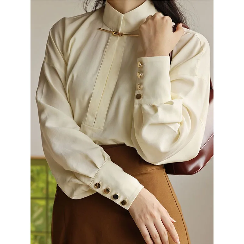 Autumn Winter Elegant Fashion Solid Color Long Sleeve Shirt Women\'s Clothing All-match Office Lady Stand Collar Chiffon Blouse