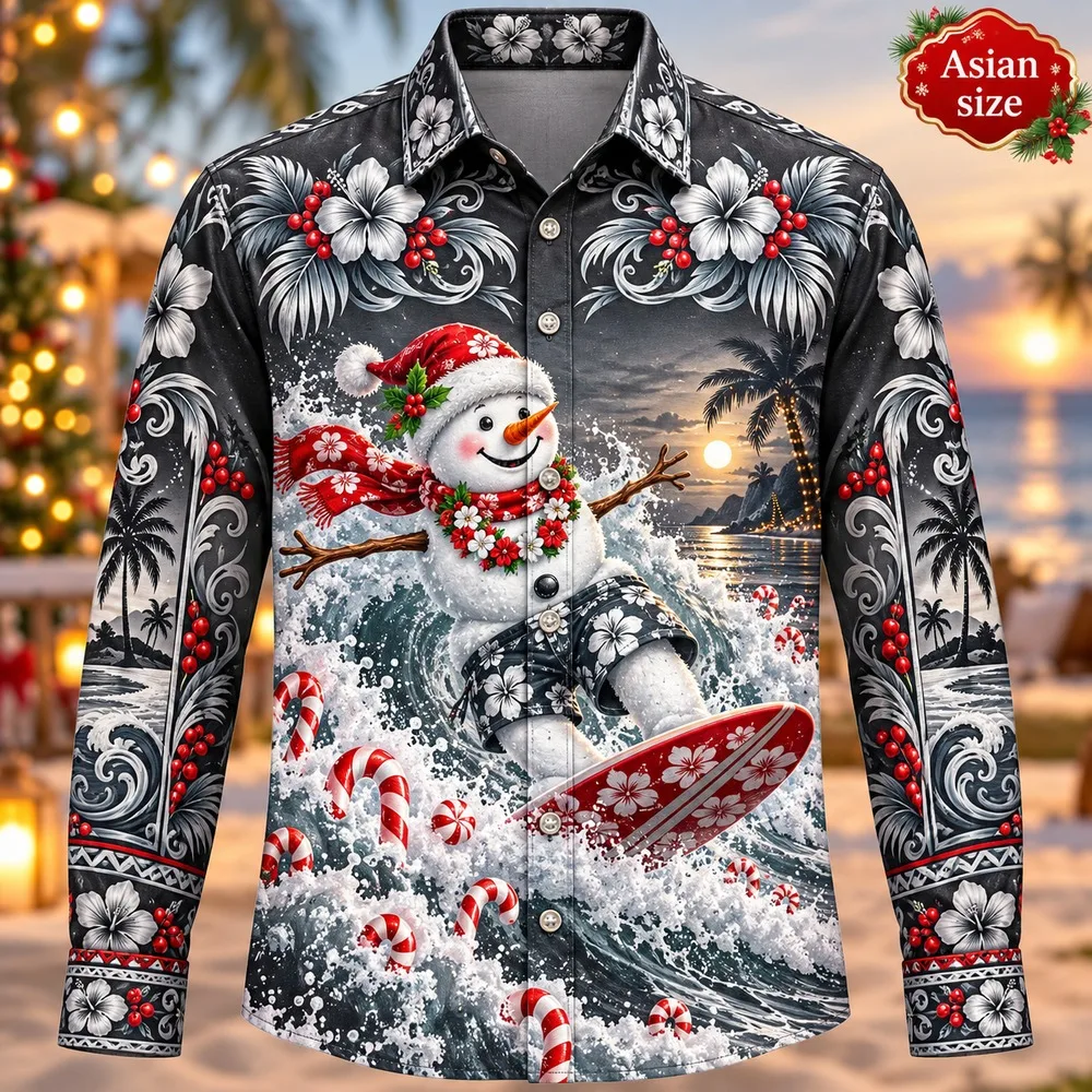 New Christmas Beach Snowman Long Sleeve Button Down Shirt for Men 3D Print Polyester Holiday Party Festive Winter Top Shirts