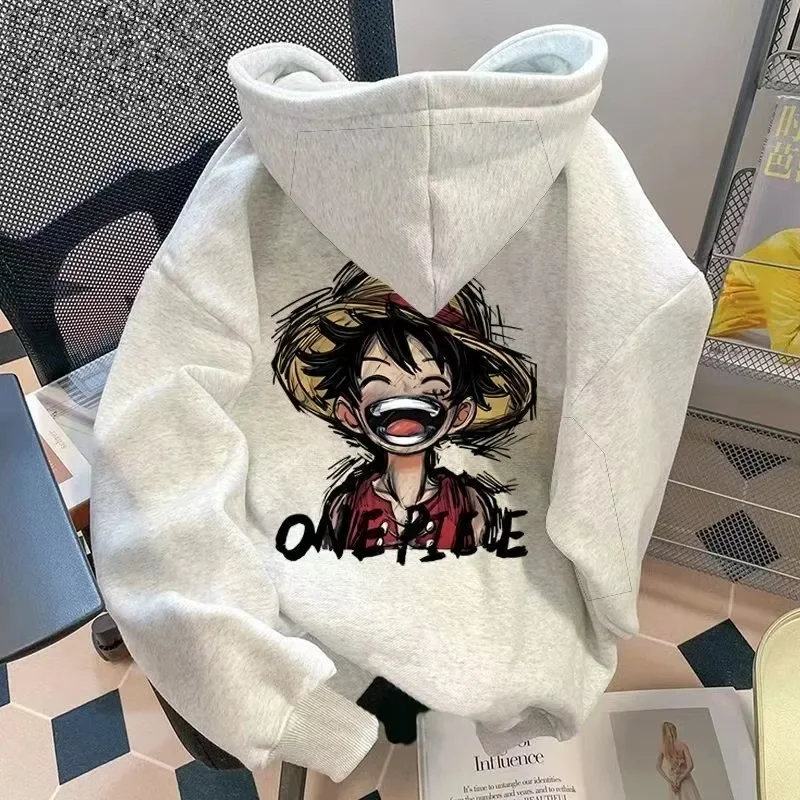 

ONE PIECE Laughing Luffy Oversize Men's and Women's Loose Print Long-sleeved Crew Neck Hooded Sweater ONE PIECE Couple Top