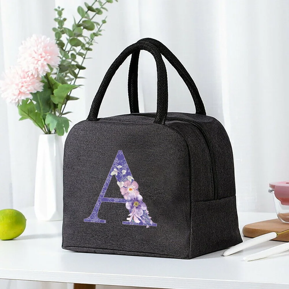 Insulated Lunch Bags Purple Flower Canvas Cooler Handbag for Portable Fridge Bag Lunch Box Food Bags for Kids Picnic Dinner Box