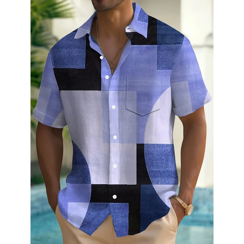 

Men's Vintage Geometric Pattern3DPrinted Short Sleeve Shirt - Summer Casual Button-Up Top with Chest Pocket，Machine washable lig