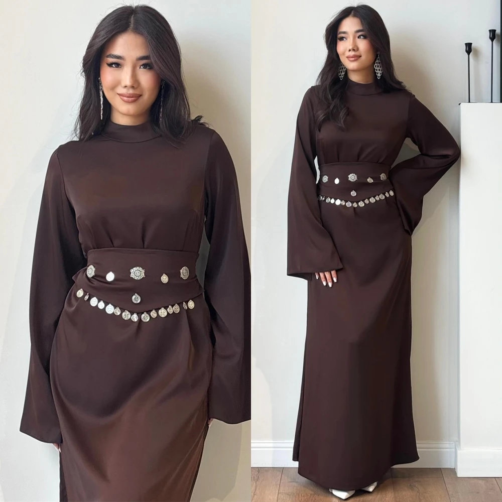 

Customized Classic Satin O-Neck Evening Dress Delicate Sashes Prom Dresses Temperament Long Sleeves Special Occasion Gowns