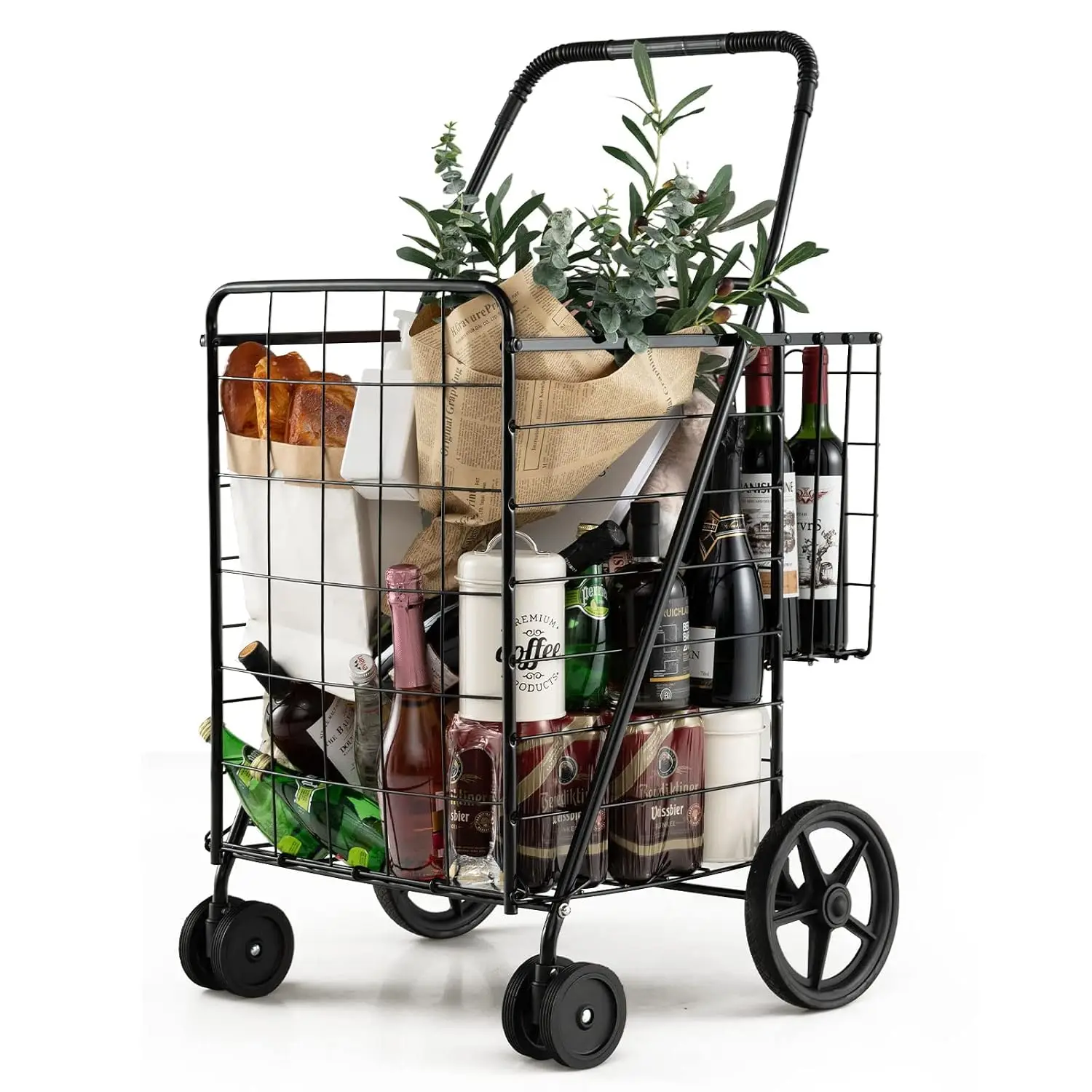 Jumbo Folding Shopping Cart with Rolling Swivel Wheels, Foldable Grocery Cart on Wheels with Double Basket, Heavy, Customized