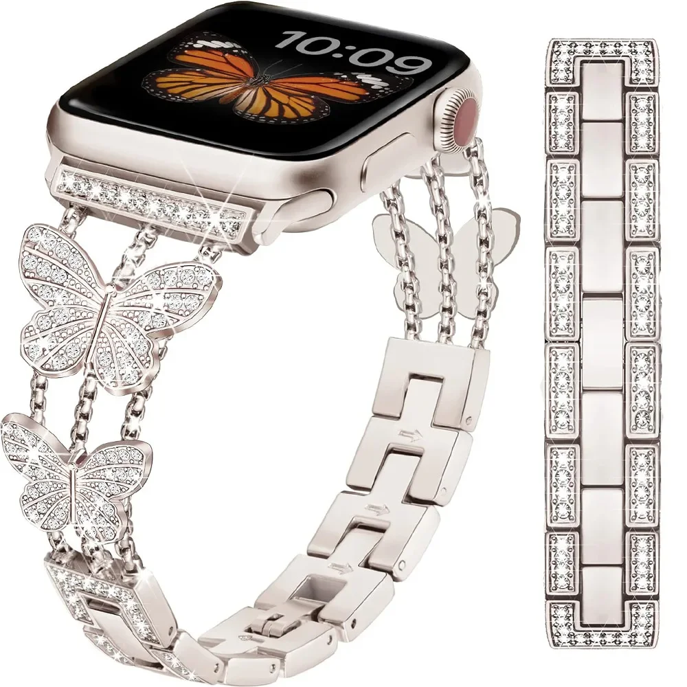 애플 워치 밴드용 다이아몬드 버터플라이, 금속 팔찌, iWatch 시리즈 se 6 3 4 5 울트라 2 8 9 스트랩, 40mm, 44mm, 41mm, 49mm, 45mm, 38mm