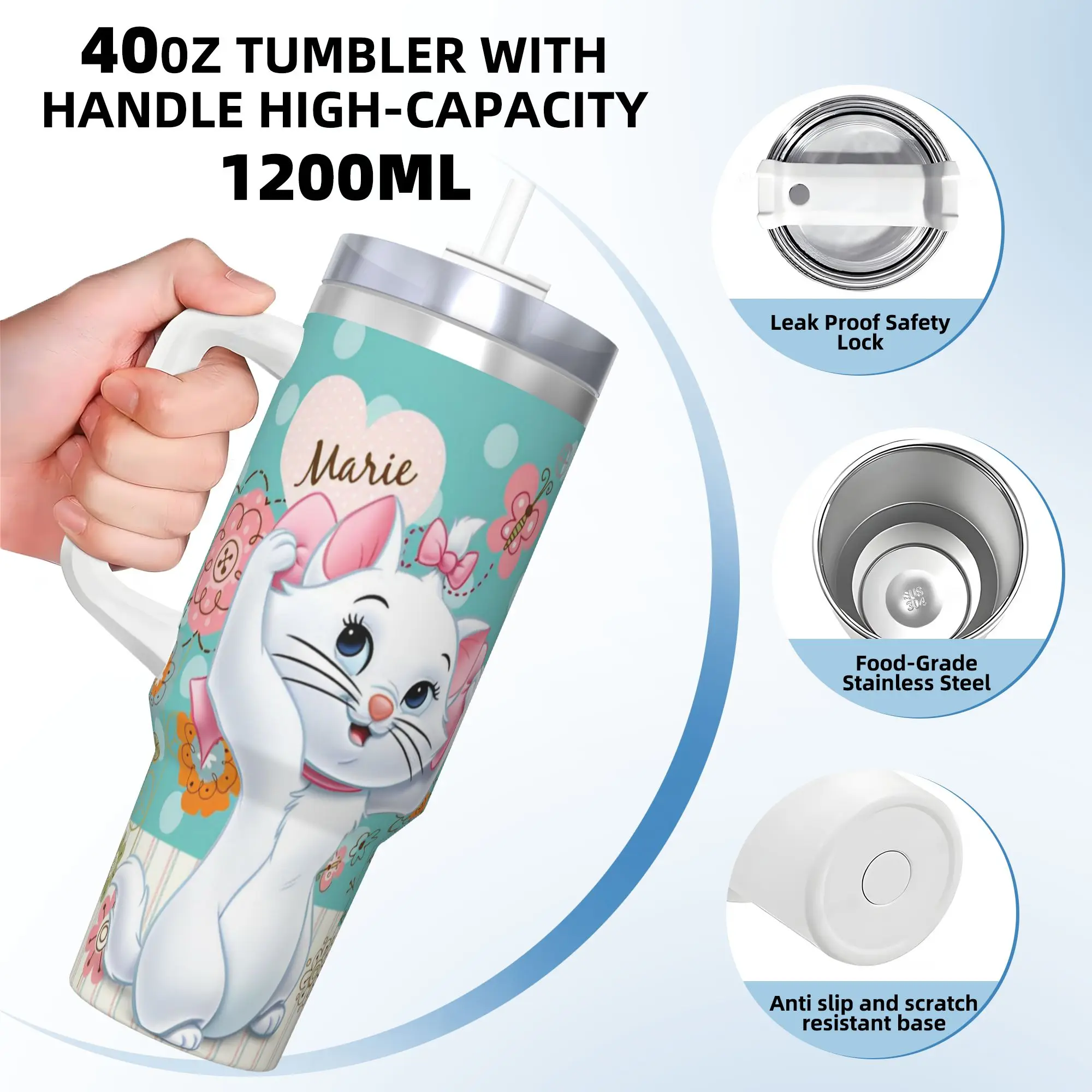 Stainless Steel Tumbler The Aristocats Marie Cat Car Mugs With Straws  Driving Drinks Water Bottle Large Capacity Thermal Mug