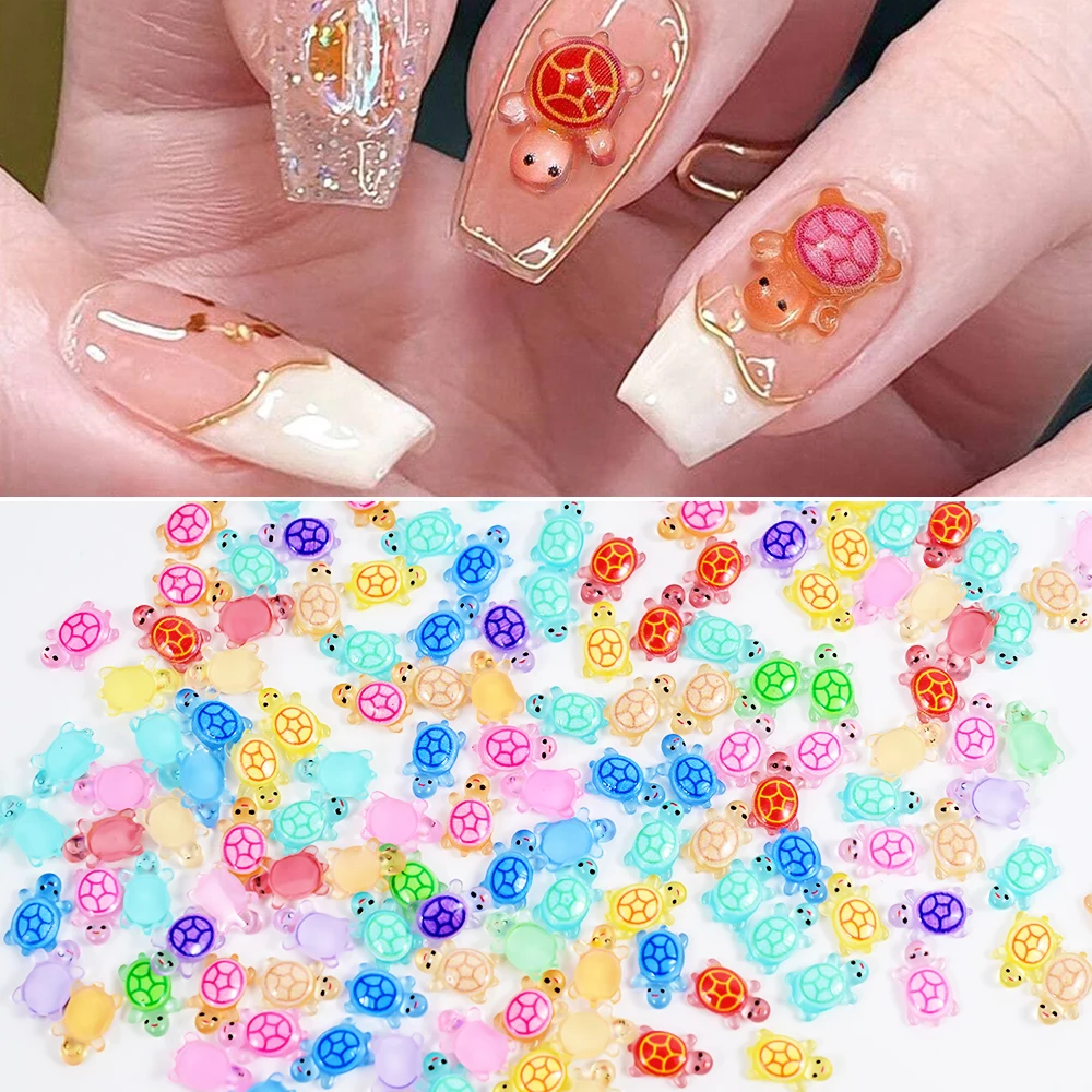 200/100/50Pcs Mixed Resin Little Turtle Nail Art Charms 3D Heart/Bow Kawaii Rhinestones DIY Craft For Nail 3D Decorations