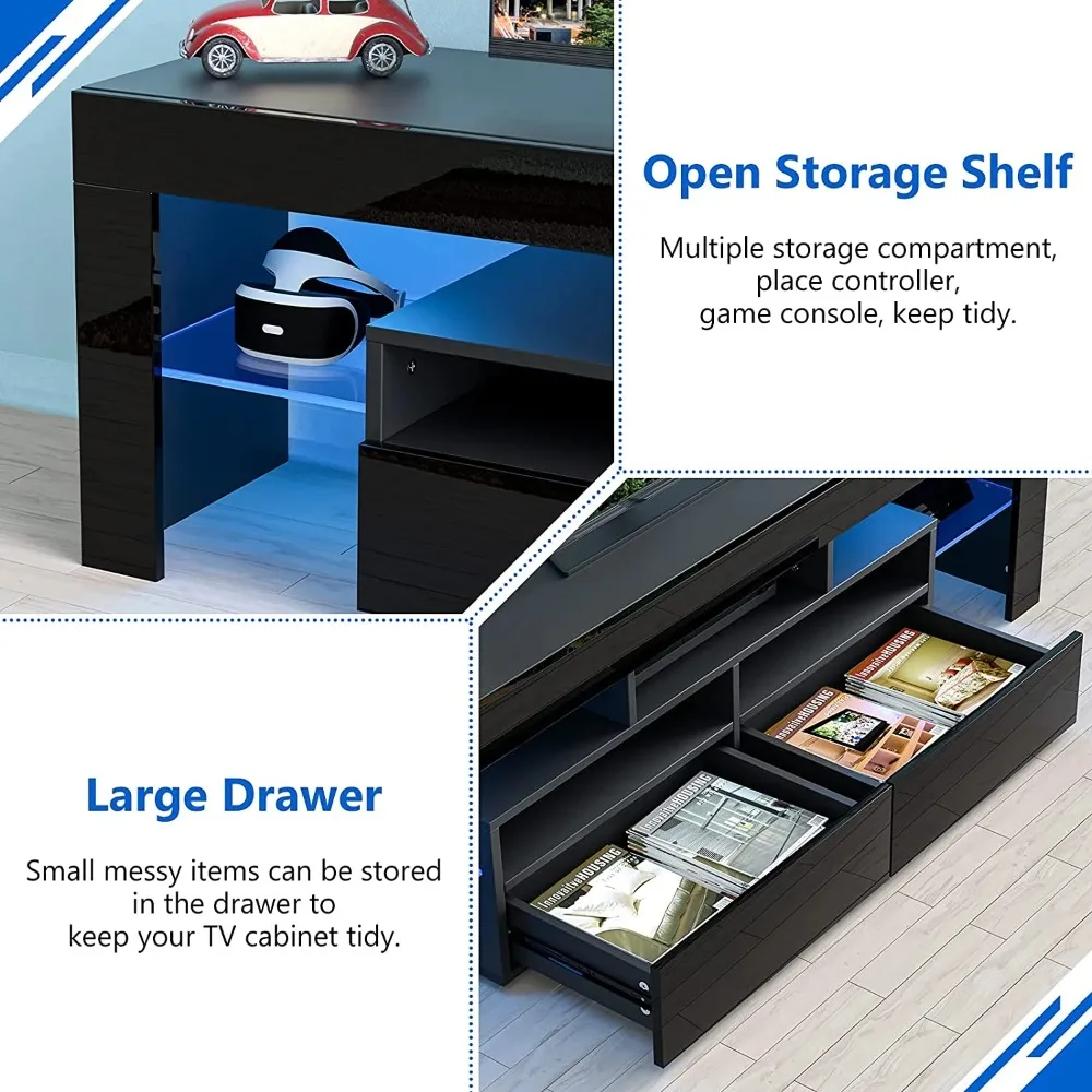 LED Light TV Stand for 55/60/65 inch TV, Modern Gloss Entertainment Center with Drawer and Glass Open Shelf, TV Console Table image 5